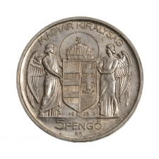 Magyar Királyság Horthy 5 Pengő 1938 Próbaveret RRR erdeti veret