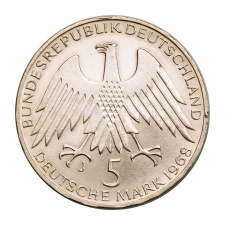 Németország ezüst 5 Márka 1968 J Friedrich Wilhelm Raiffeisen