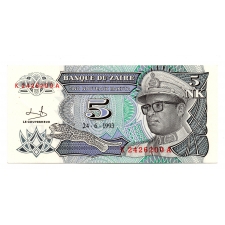 Zaire 5 Új Makuta bankjegy 1993 P48a