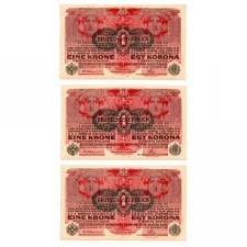 1 Korona Bankjegy 1916 Deutschösterreich sorszámkövető 3 db UNC
