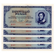 1 Millió Pengő Bankjegy 1945 UNC sorszámkövető 4 db alacsony