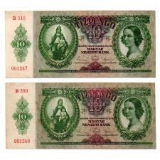 10 Pengő Bankjegy 1936 VF alacsony sorszámkövető pár