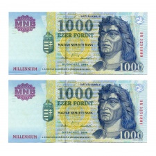 1000 Forint Bankjegy Millennium 2000 DB aEF sorszámkövető pár