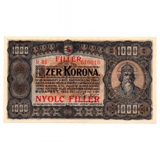 1000 Korona Államjegy 1923 8 FILLÉR felülbélyegzéssel aUNC