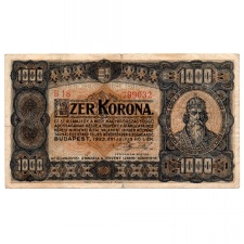 1000 Korona Államjegy 1923 Magyar Pénzjegynyomda F-VF