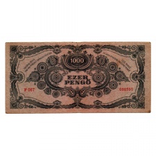 1000 Pengő Bankjegy 1945 VF egyenes hármas a sorszámban Bélyeg