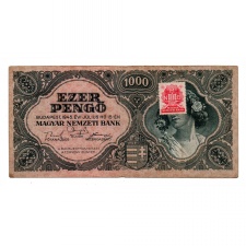 1000 Pengő Bankjegy 1945 VF egyenes hármas a sorszámban Bélyeg