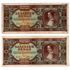 100000 Pengő Bankjegy 1945 F párban eltérő hátlapi szín 