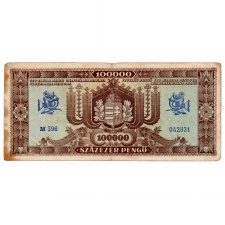 100000 Pengő Bankjegy 1945 MÉE felülbélyegzéssel