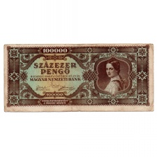 100000 Pengő Bankjegy 1945 alacsonyabb sorszám 009433