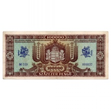100000 Pengő Bankjegy 1945 alacsonyabb sorszám 009537