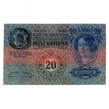 20 Korona Bankjegy 1913. I. kiadás VF+ Románia felülbélyegzés