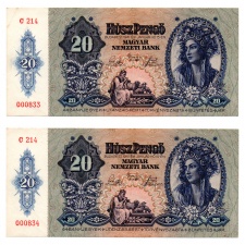 20 Pengő Bankjegy 1941 aXF sorszámkövető pár alacsony sorszám