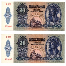 20 Pengő Bankjegy 1941 UNC sorszámkövető pár