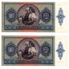 20 Pengő Bankjegy 1941 UNC sorszámkövető pár