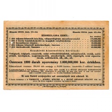 20000 Korona Árvaházi Sorsjegy F sorozat 1925