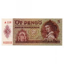 5 Pengő Bankjegy 1939 aUNC külömleges sorszám 022222