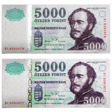 5000 Forint Bankjegy 2006 BC UNC sorszámkövető pár