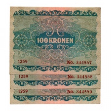 Ausztria 100 Korona Bankjegy 1922 EF sorszámkövető 3 db