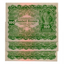 Ausztria 100 Korona Bankjegy 1922 EF sorszámkövető 3 db
