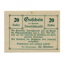 Ausztria Notgeld Innerschwandt 20 Heller 1920 nyomdahibás