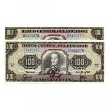Ecuador 100 Sucres Bankjegy 1990 P123 VX sorszámkövető pár