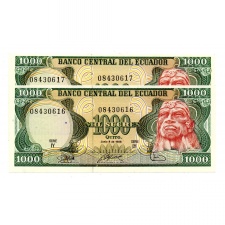 Ecuador 1000 Sucres Bankjegy 1988 P125b IY sorszámkövető pár