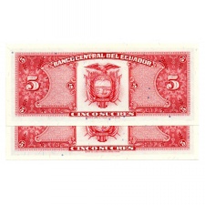 Ecuador 5 Sucres Bankjegy 1988 P113d3 sorszámkövető pár