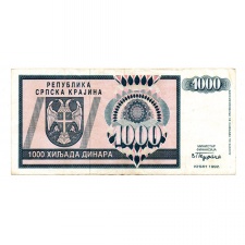 Horvátország 1000 Dinár Bankjegy 1992 PSR5a KNIN