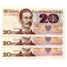 Lengyelország 20 Zloty Bankjegy 1982 P149b L157bb sorkövető 3db