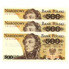 Lengyelország 500 Zloty Bankjegy 1982 P145d L161b sorkövető 3db