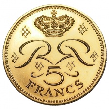 Monacó III. Rainier arany 5 Frank 1971 Próbaveret 19,23 gramm