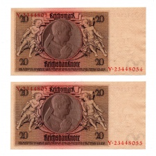 Német 20 Reichsmark Bankjegy 1929 sorszámkövető pár