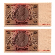 Német 20 Reichsmark Bankjegy 1929 P181 sorszámkövető pár