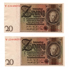 Német 20 Reichsmark Bankjegy 1929 sorszámkövető pár