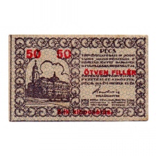 Pécs város Házipénztár 50 Fillér pénztárjegy 1919 3. kiadás