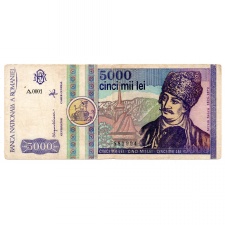 Románia 5000 Lei Bankjegy 1992 P103a A0001 sorozat