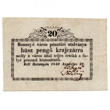 Rozsnyó 20 Pengő krajczárra Pénztári utalvány 1849.