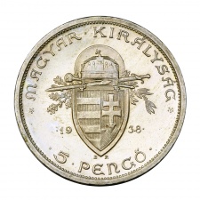 Szent István ezüst 5 Pengő 1938 ARTEX Proof