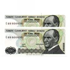 Törökország 10 Lira Bankjegy 1982 P193b sorszámkövető pár