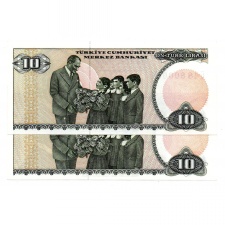 Törökország 10 Lira Bankjegy 1982 P193b sorszámkövető pár