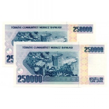 Törökország 250000 Líra Bankjegy 1998 P211 sorszámkövető pár