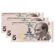 Törökország 5 Líra Bankjegy 2009 P222b sorszámkövető 3 db