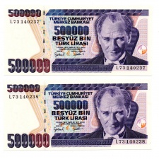 Törökország 500000 Líra Bankjegy 1998 P212 sorszámkövető pár