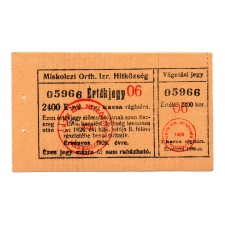 Miskolc Izrealita Hitközség 2400 Korona Érétkjegy 1926