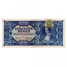 kék 100000 Pengő Bankjegy 1945 aEF hamis bélyeggel