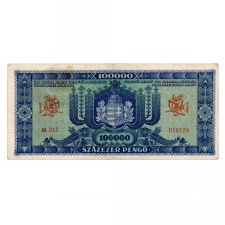 kék 100000 Pengő Bankjegy 1945 aEF hamis bélyeggel